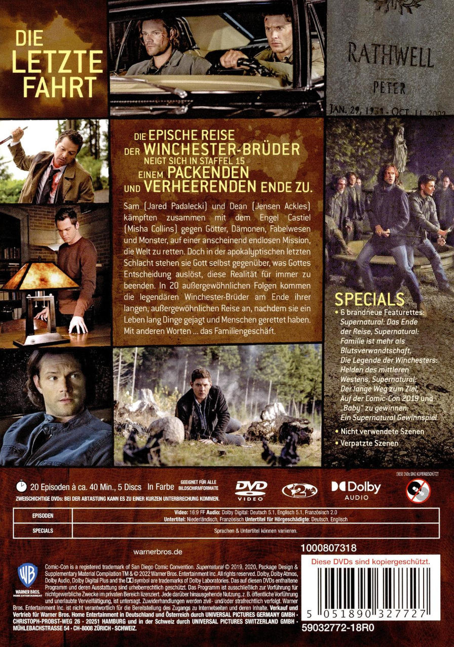 DVD-Cover mit Text und Bildern der Serie Supernatural. Es ist die letzte Fahrt.