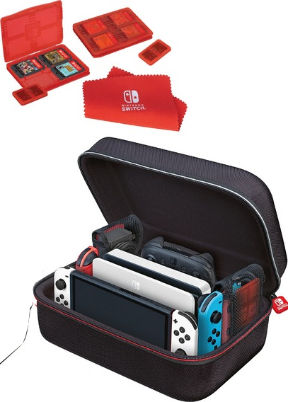 Eine Switch-Konsole-Reisetasche. Enthält Konsole, Controller und Zubehör.
