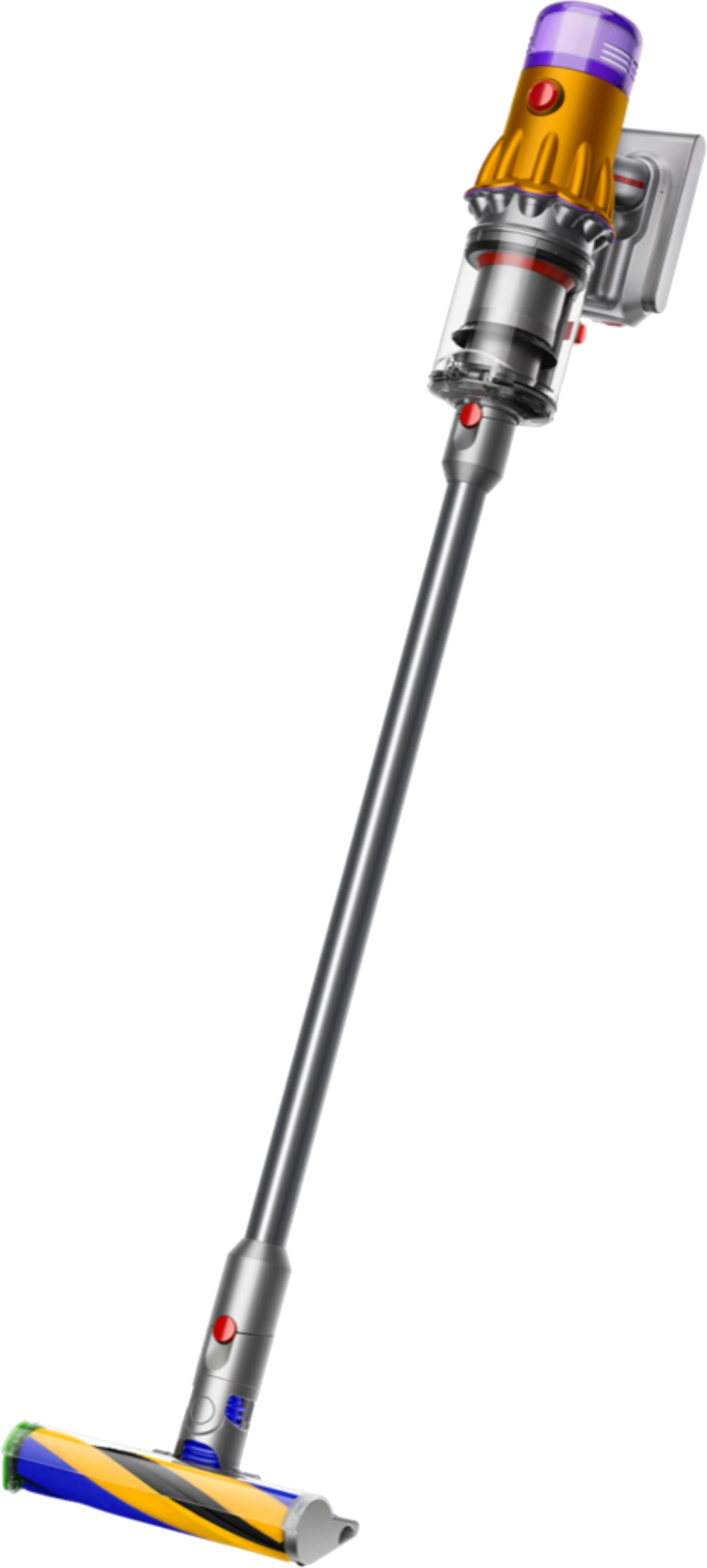 Un aspirateur sans fil Dyson jaune et gris, incliné, avec un support de charge sur fond noir.