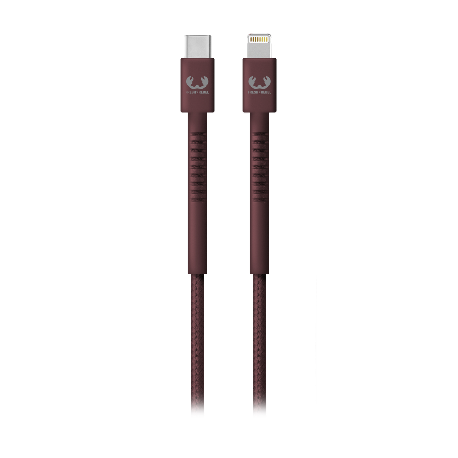 A purple-red USB-C to lightning cable with Fresh 'n Rebel branding.