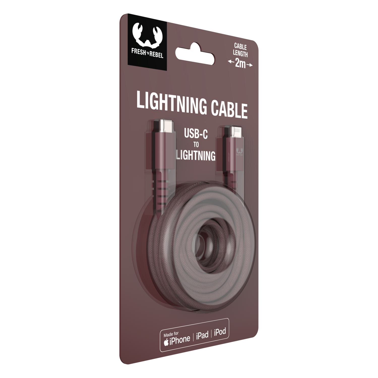 Lightning cable in packaging. Black cable with USB-C and Lightning connectors. Text on the package.