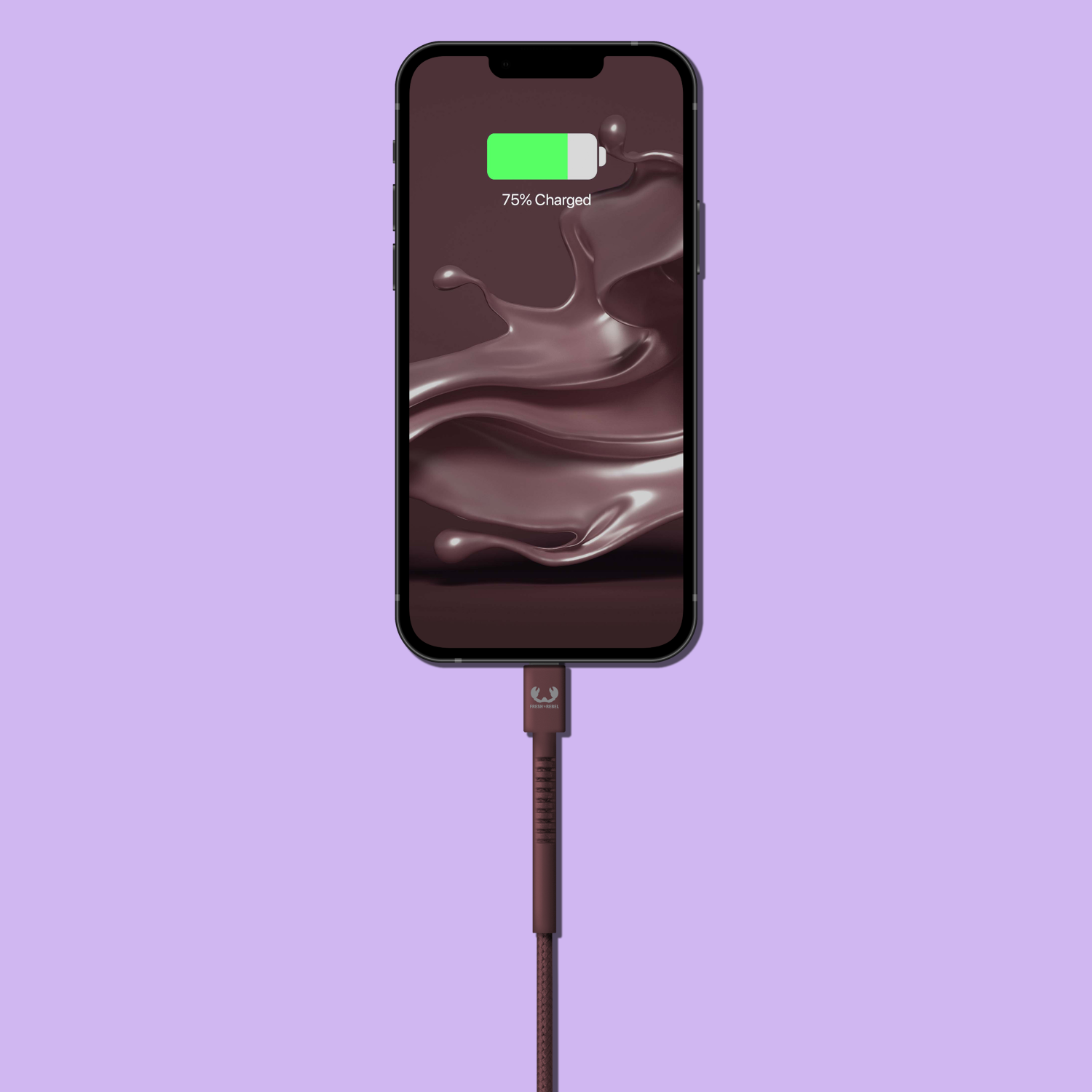 iPhone charging with a brown cable. The screen displays a splash image and 75% charged.