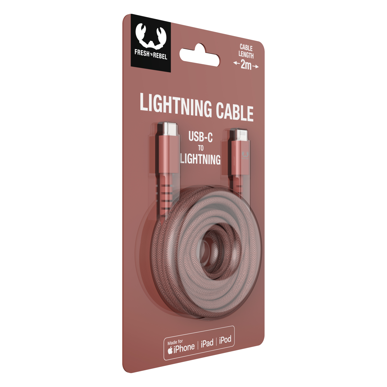Lightning cable in packaging. Red cable, USB-C to Lightning, on a brown card. Brand name visible.