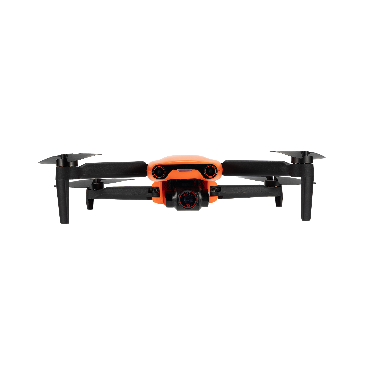 Orange drone with black propellers, camera visible, set against a black backdrop.