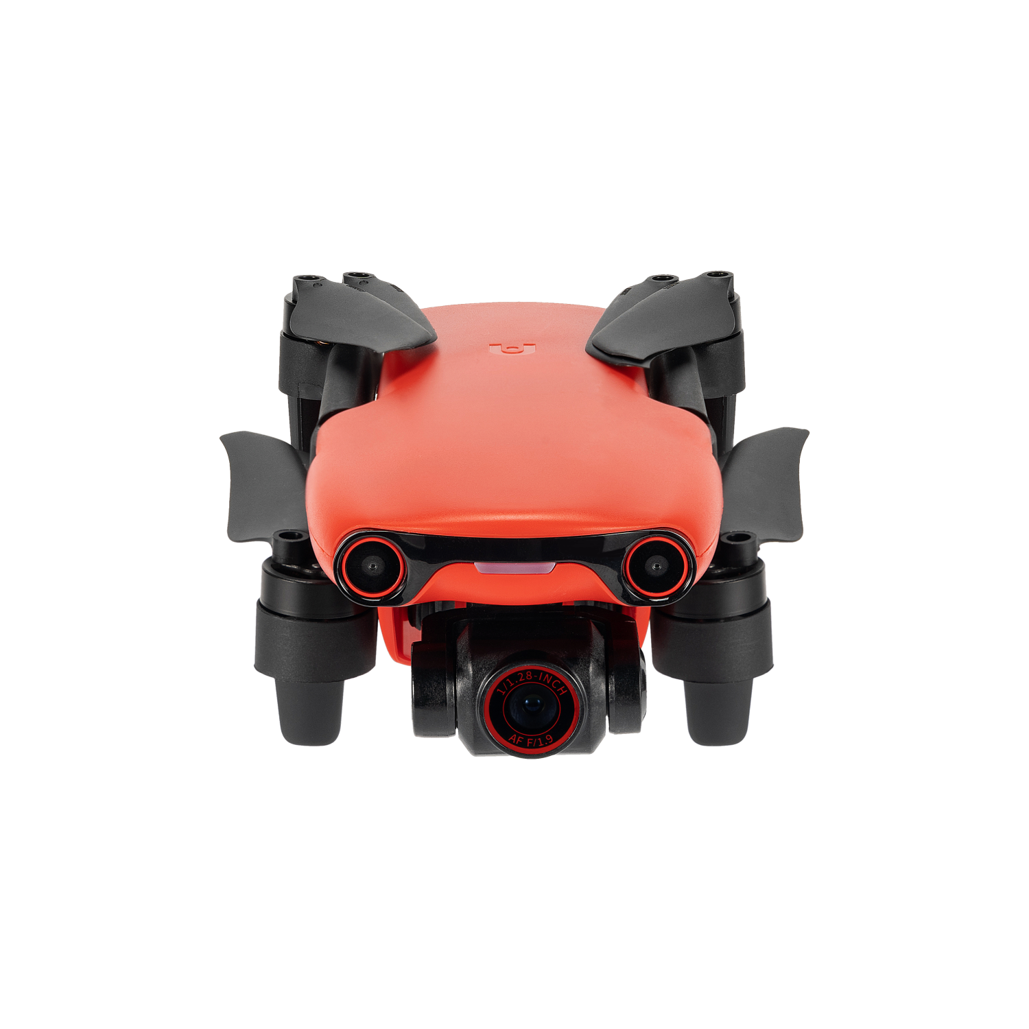 Red drone on a black background. It has black propellers and cameras. The front has two black lenses.