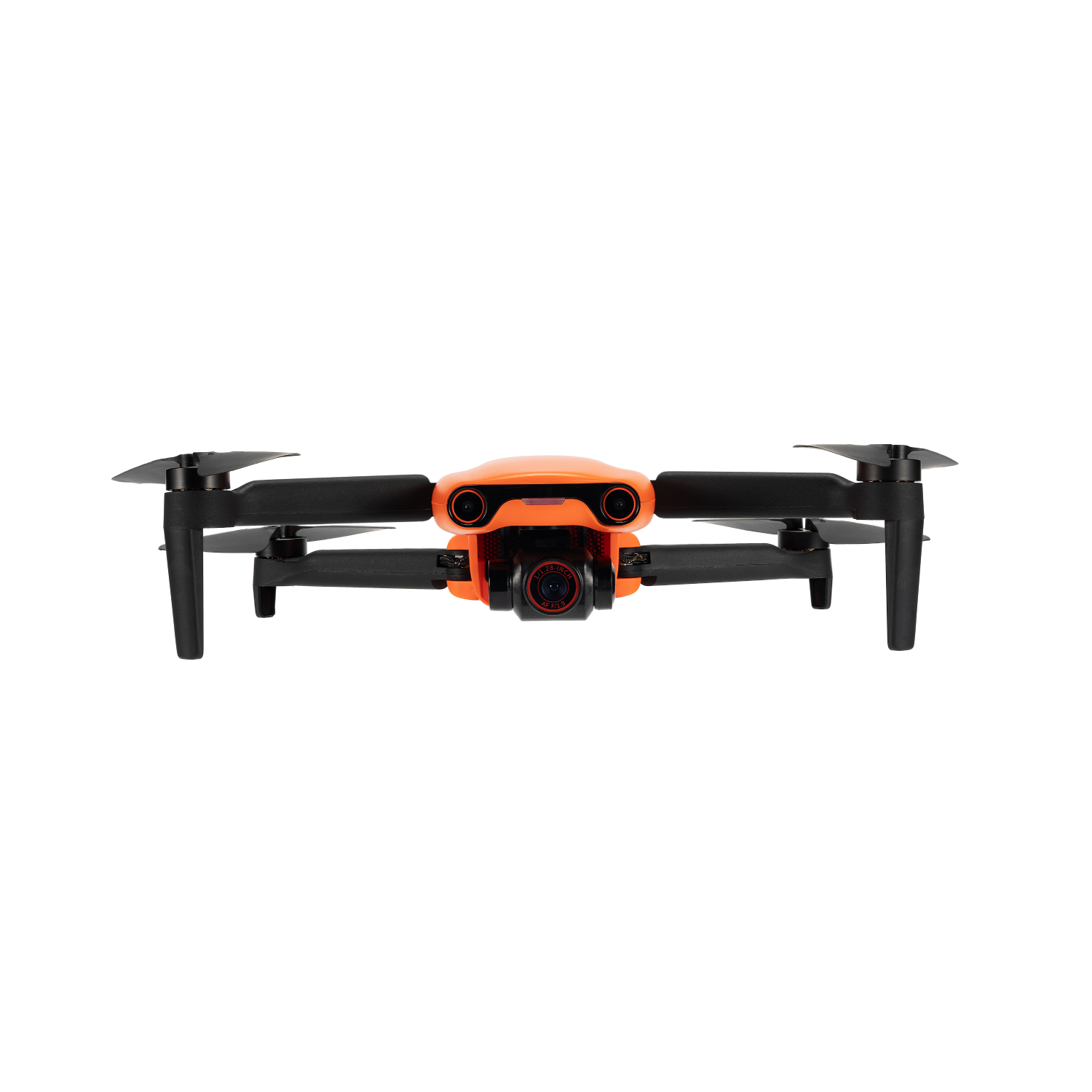 Een oranje drone met zwarte propellers, naar voren gericht op een zwarte achtergrond.