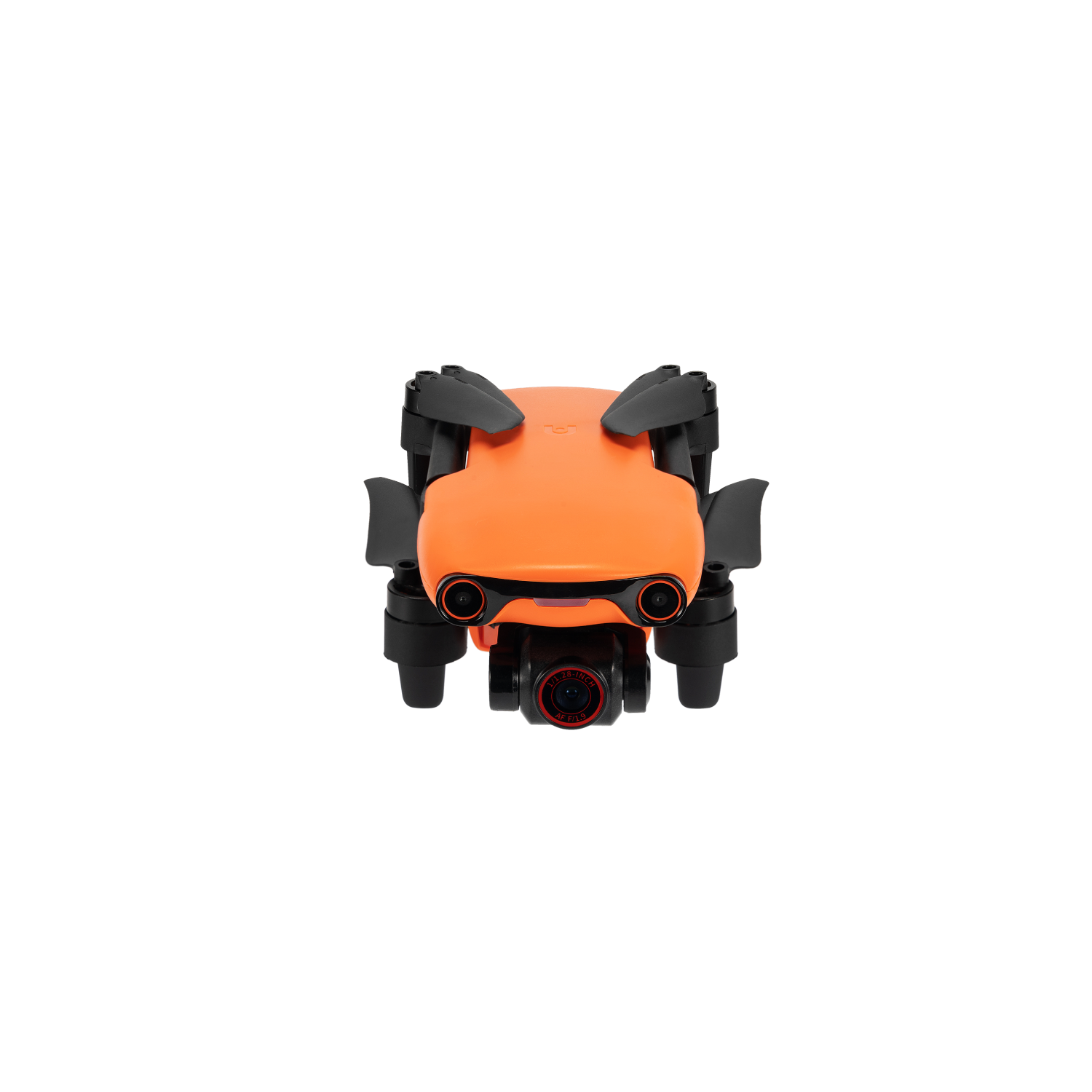 Een oranje drone met een camera. Hij heeft zwarte propellers en staat op een zwarte achtergrond.