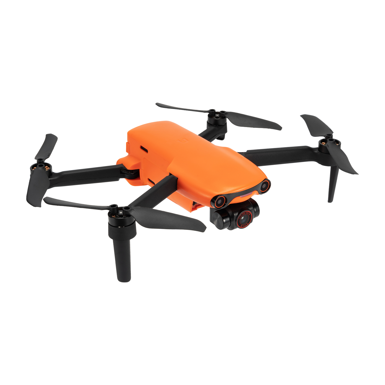 Oranje drone met zwarte propellers, geplaatst tegen een zwarte achtergrond.
