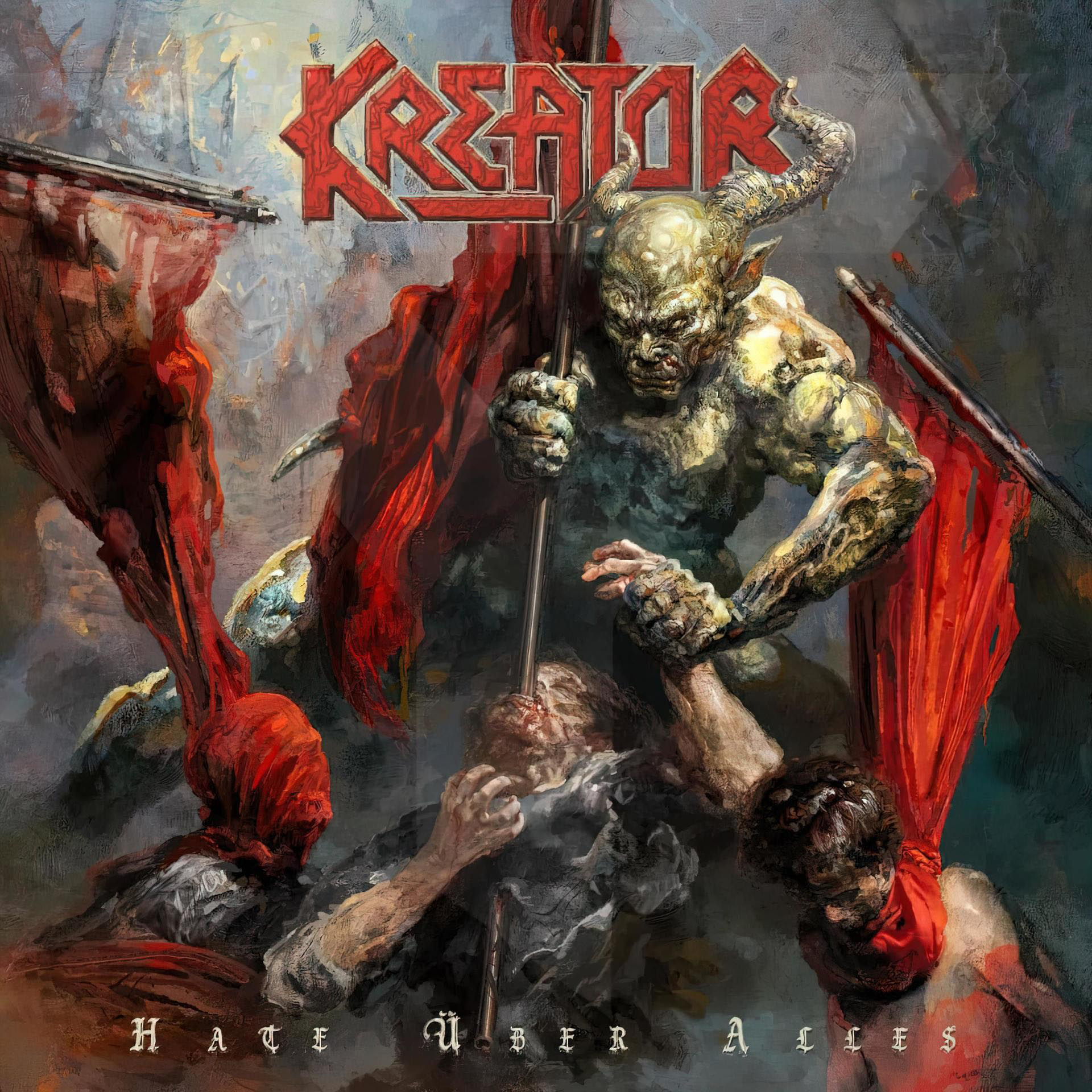 Albumcover: Kreator-Band, Dämonfigur mit roter Fahne, Kampfszene mit 'Hate Über Alles'.