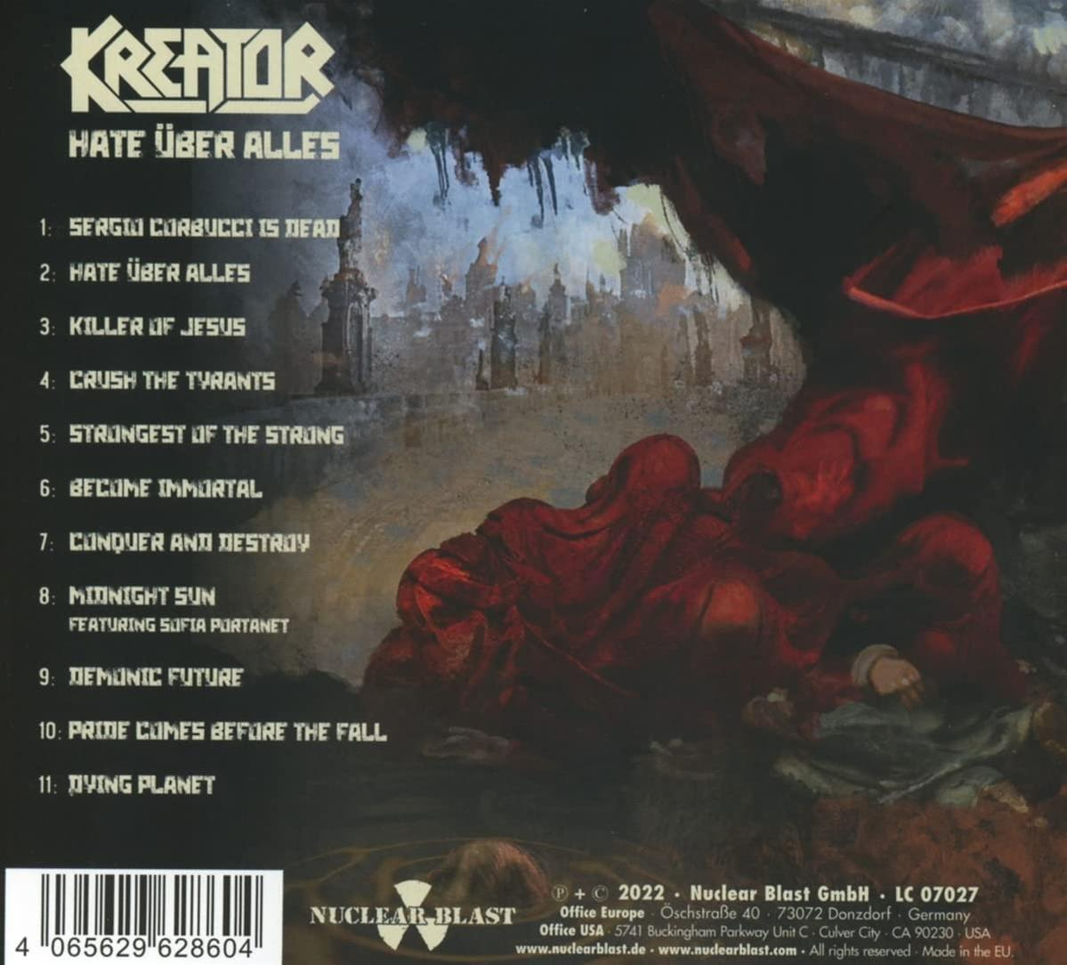 Albumcover für Kreators 'Hate Über Alles'. Artwork mit Figuren in roten Umhängen.