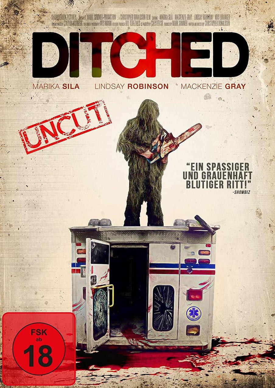 Filmposter mit einer Person im Kostüm mit einer Kettensäge.