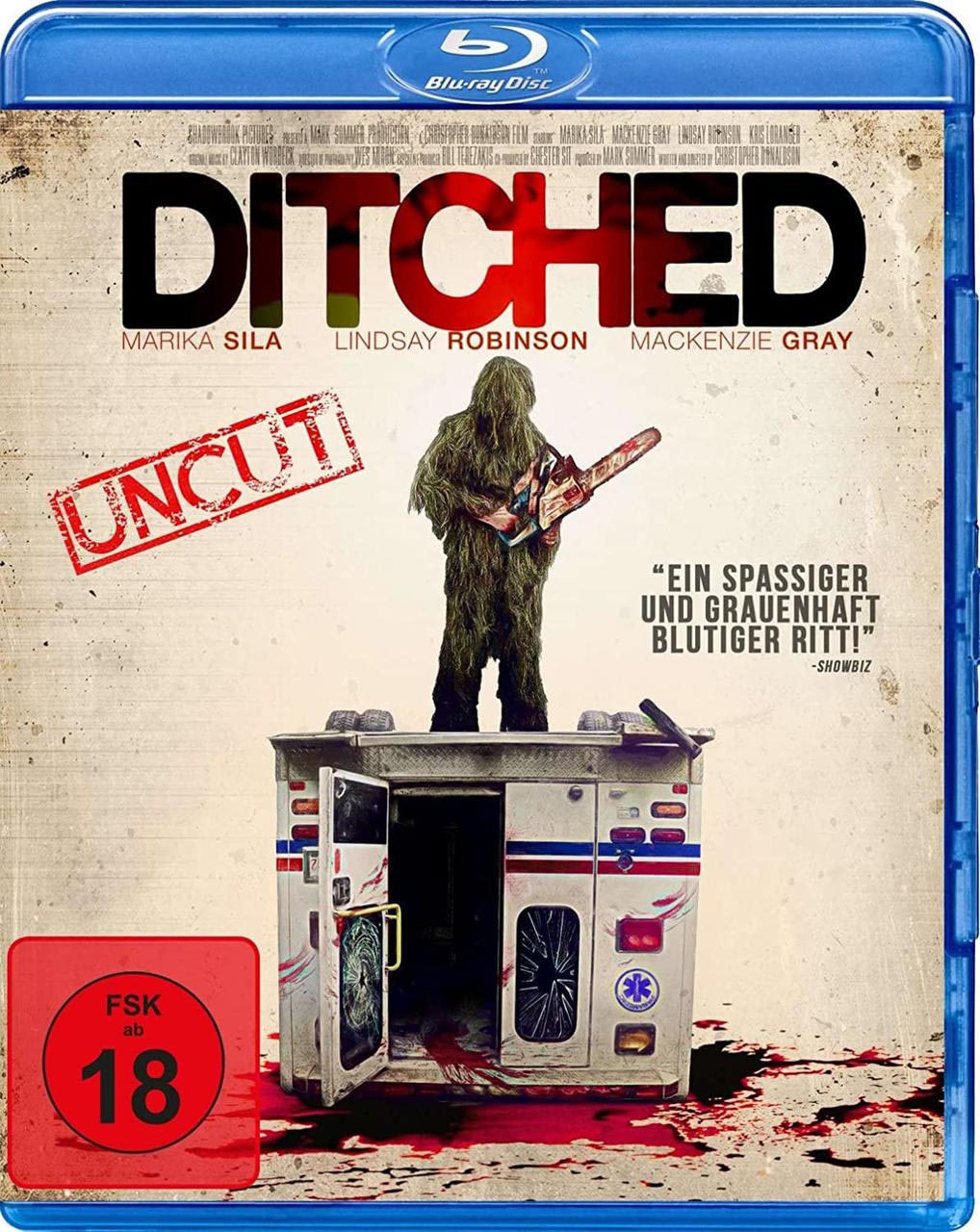 Blu-ray-Cover für den Film Ditched, mit Person im Ghillie-Anzug mit Kettensäge.