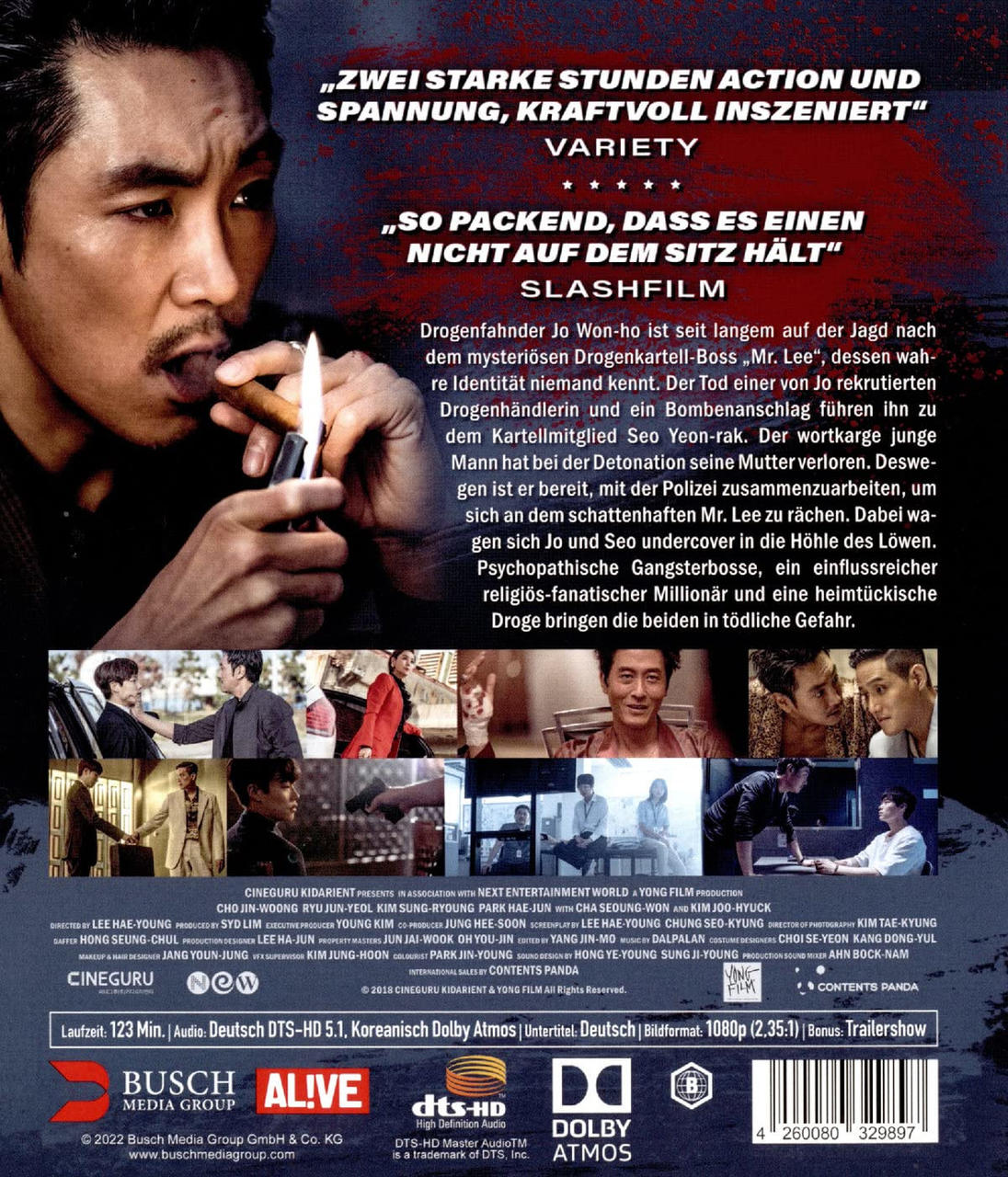 Rückseite einer DVD mit einem Mann, der eine Zigarre hält. Text auf Deutsch und Fotos anderer Szenen.