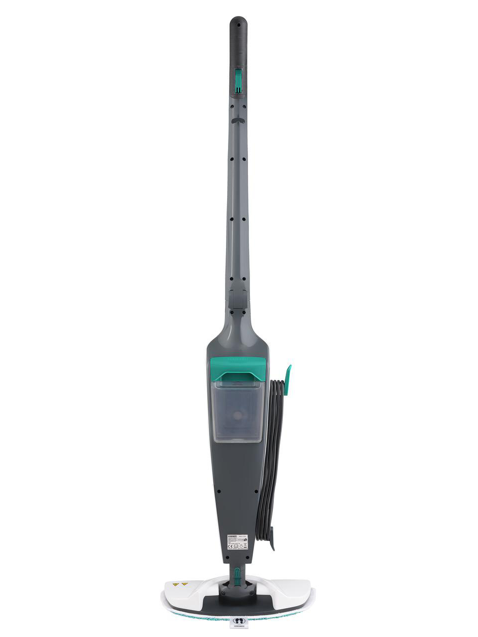 Ein Dampfmopp, grau und grün, steht aufrecht vor weißem Hintergrund, das Kabel ist sichtbar.