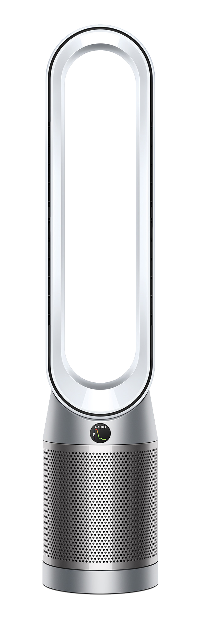 Een zilveren en witte Dyson luchtreiniger, hoog, met een cirkelvormige bovenkant en cilindrische basis.