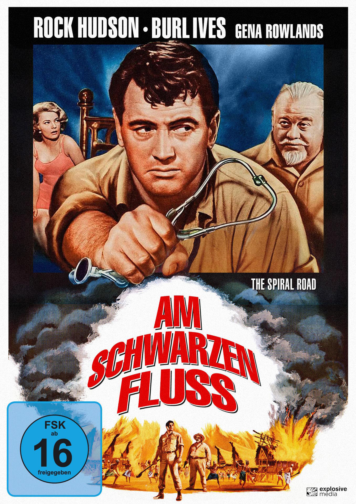DVD-Cover: Mann mit Stethoskop. Titel: Am Schwarzen Fluss. Schauspielernamen. Bewertung: 16.