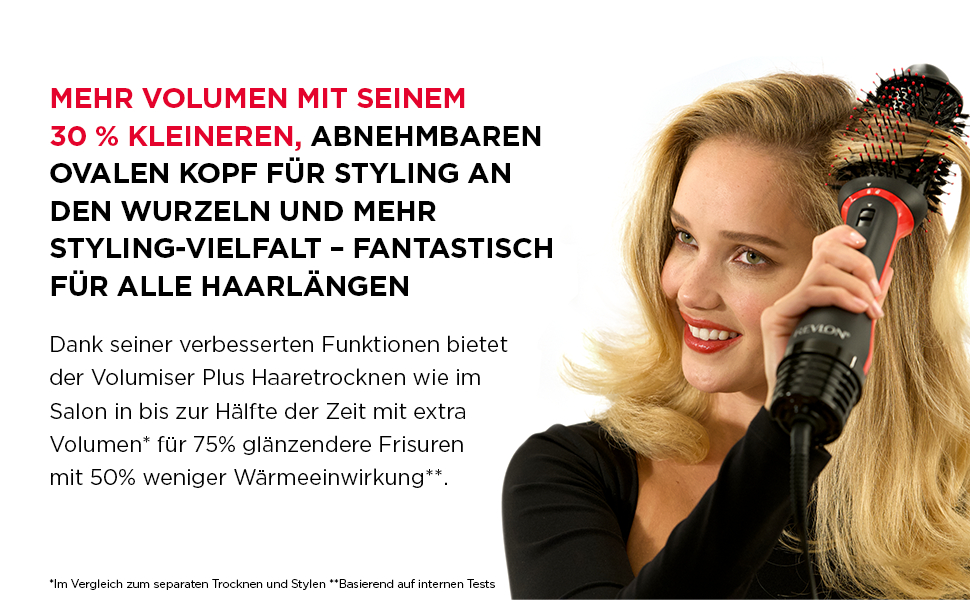 Eine Frau stylt ihr Haar mit einem Revlon-Haarstyler, Text auf Deutsch über Volumen und Styling.