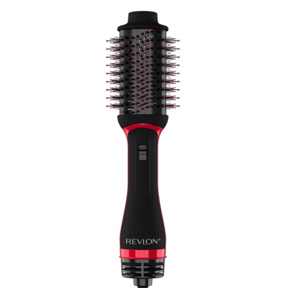 Schwarze und rote Revlon Warmluft-Stylingbürste mit roten Borsten. Das Revlon-Logo ist aufgedruckt.
