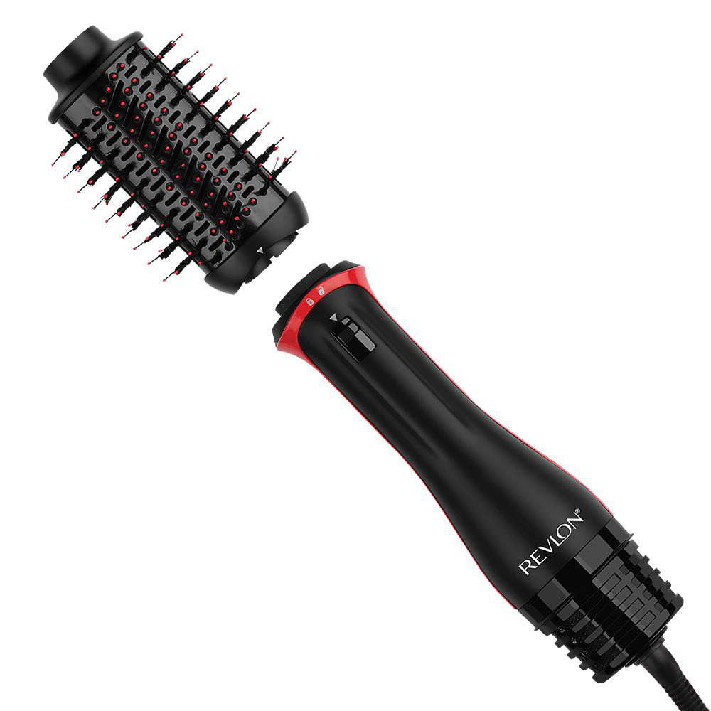 Schwarzer und roter Revlon-Haartrockner mit abnehmbarem Bürstenkopf.