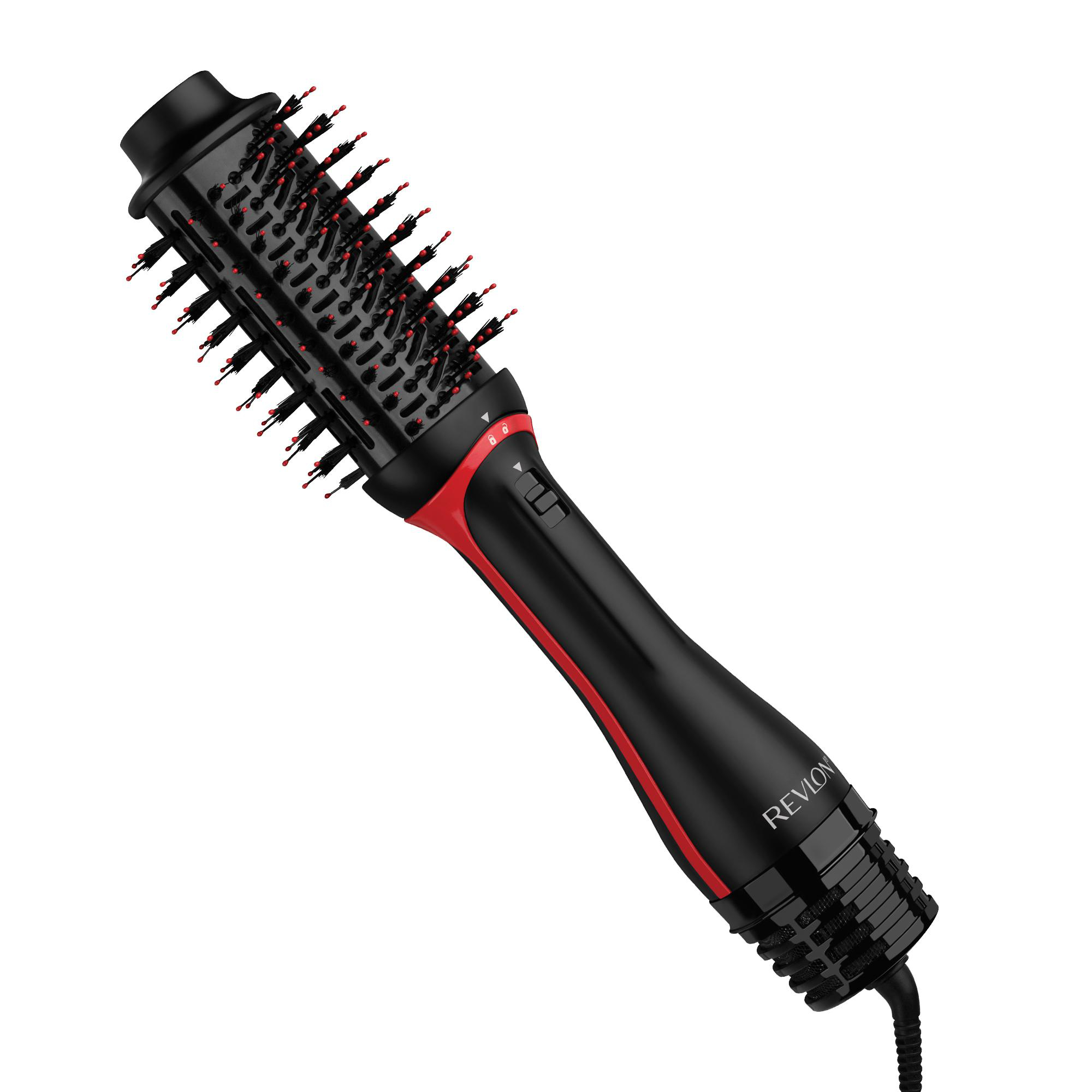 Eine schwarz-rote Revlon-Haarstylingbürste, abgewinkelt, auf weißem Hintergrund.