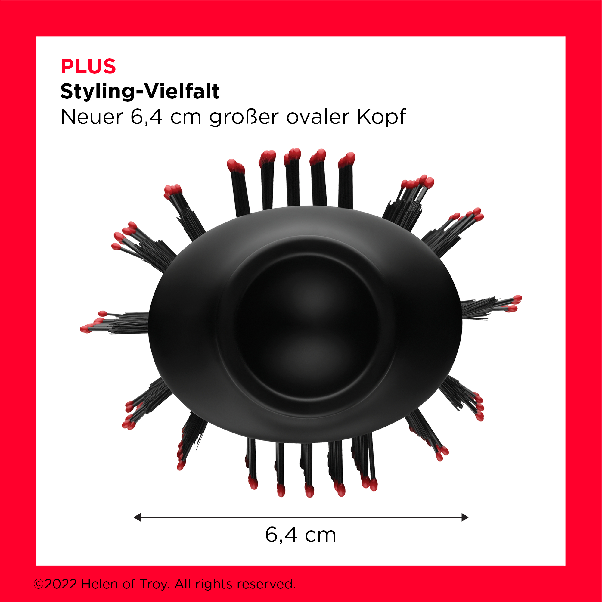 Schwarze Haarbürste mit roten Spitzen an den Borsten und einem Maßband.