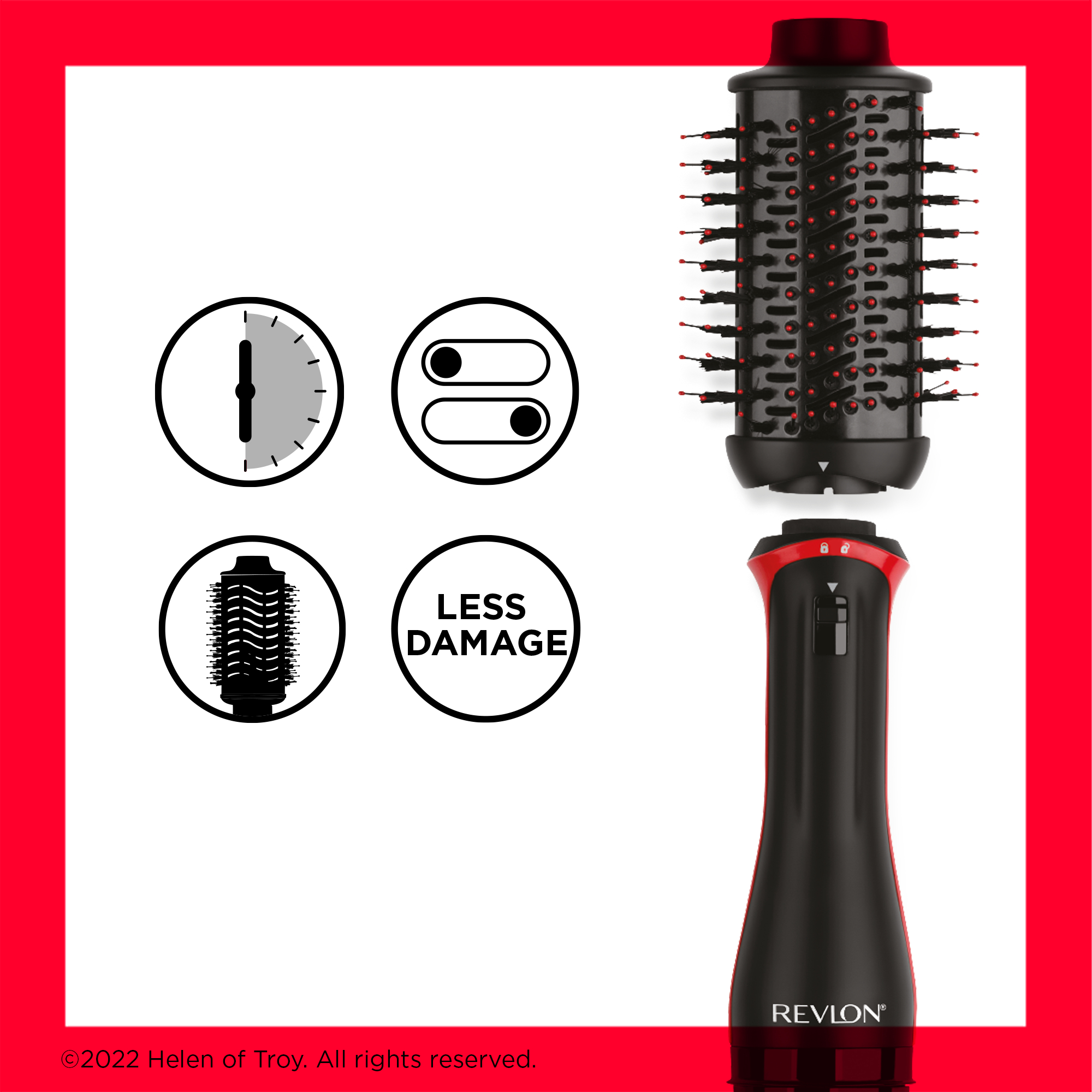 Revlon Haartrocknerbürste mit Symbolen und Text auf rotem Rand.