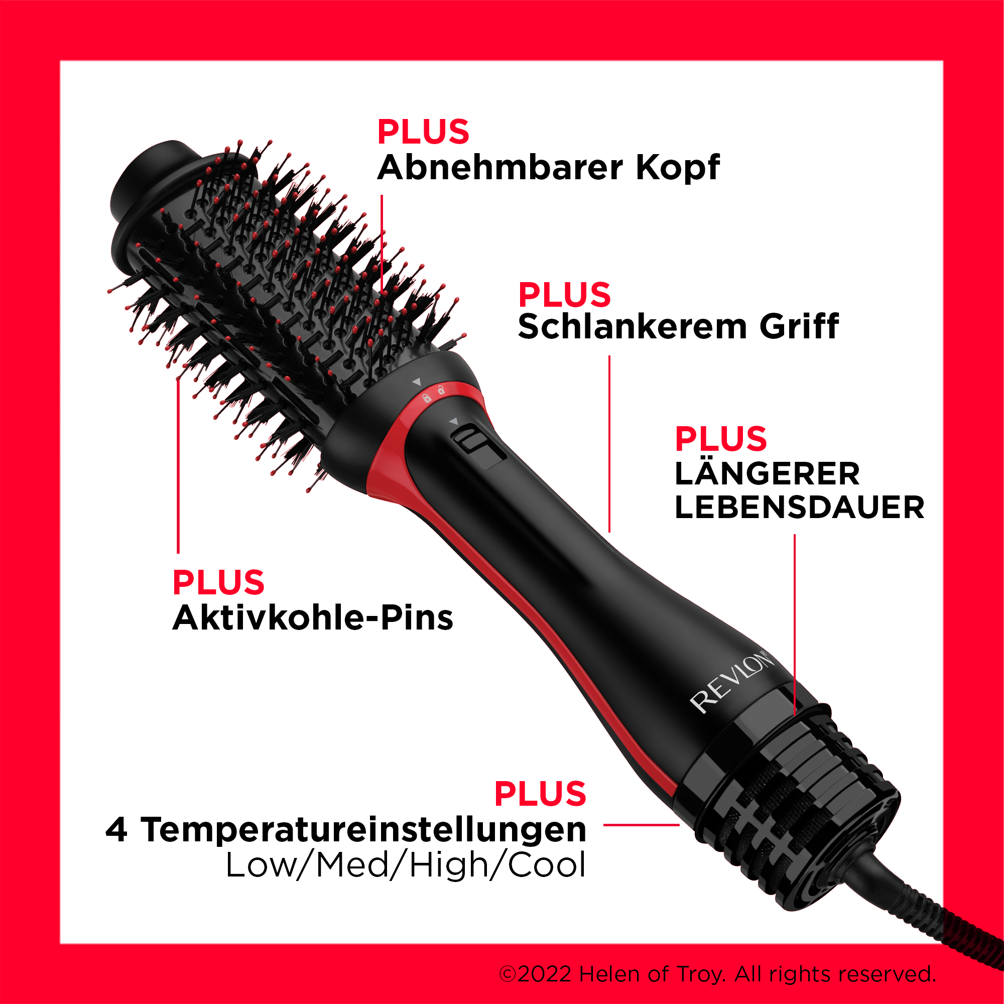 Ein roter und schwarzer Revlon-Haarstyler mit Textbeschriftungen und Temperatureinstellungen.