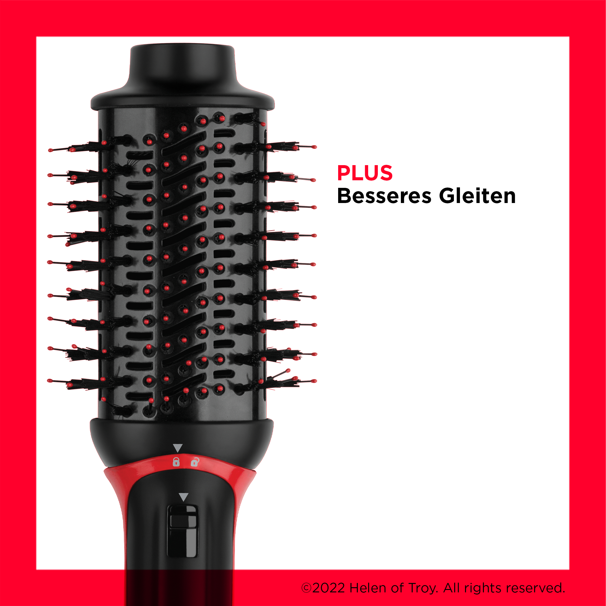 Revlon Haartrocknerbürste mit dem Text „PLUS, besseres Gleiten“ auf rotem Rand.