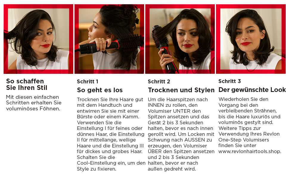 Vier Bilder, die das Haarstyling mit einem Revlon Volumizer demonstrieren, mit Anweisungen.