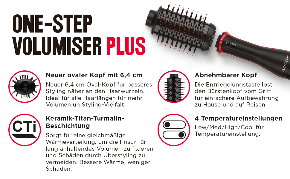 Produktbild eines Haarstyling-Tools mit Textbeschreibungen.