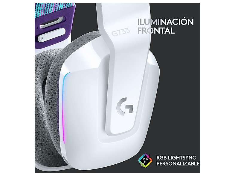 Auriculares gaming - Logitech G G733, Diadema, Inalámbricos, Micrófono, PC/Mac/PS, Hasta 29h de batería, 7.1 canales, 16.8 millones colores, Blanco
