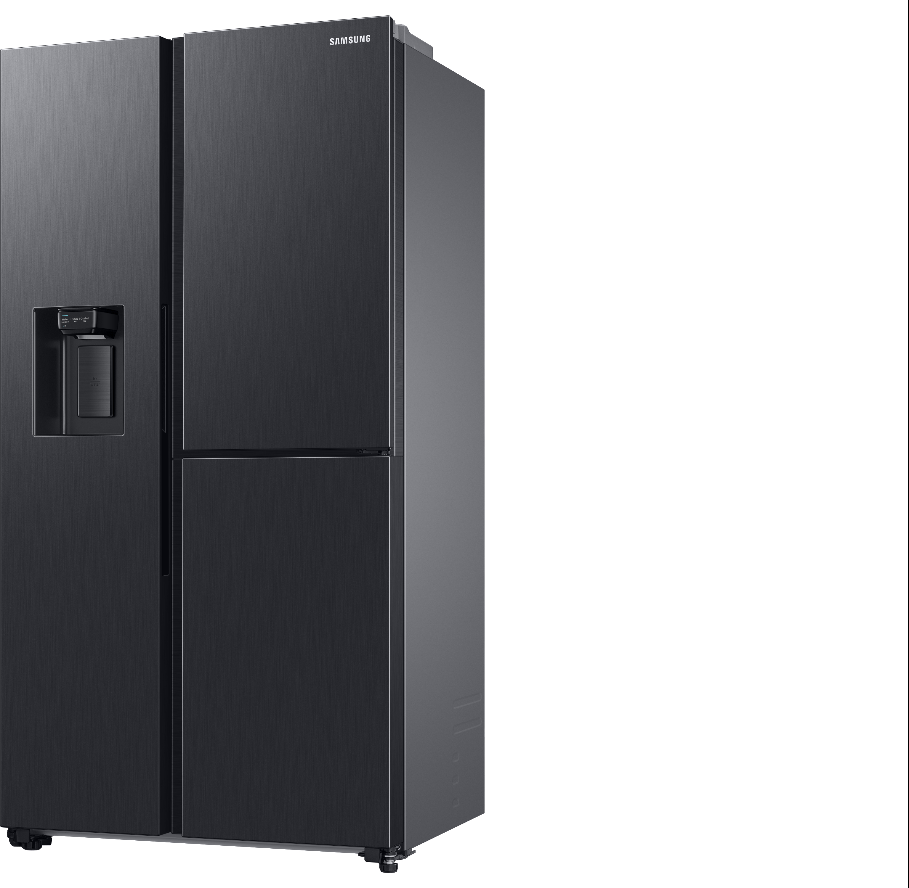 Ein schwarzer Samsung Kühlschrank, Side-by-Side-Modell, auf weißem Hintergrund.