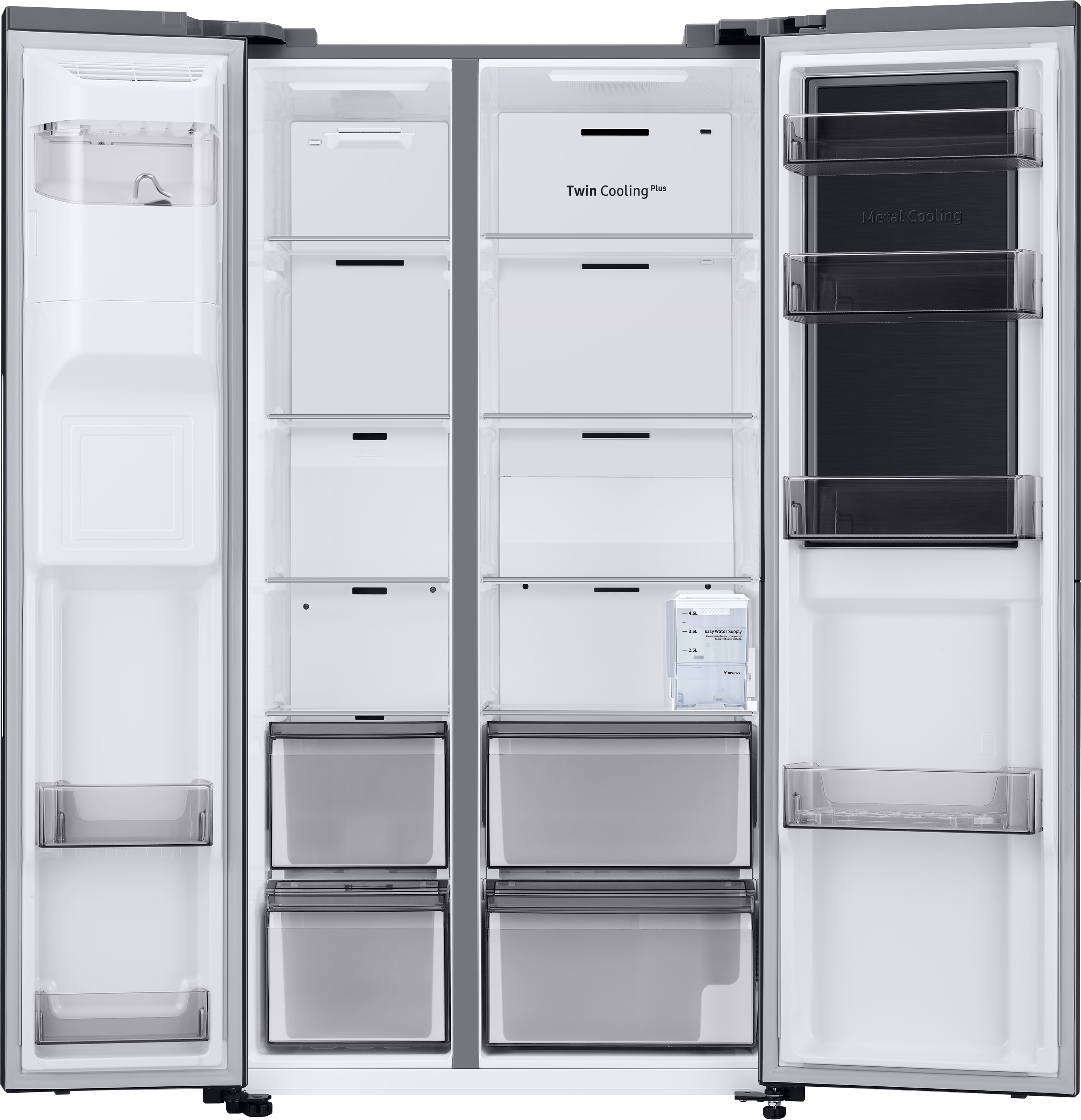 Offener Kühlschrank mit mehreren Regalen und Schubladen, die Inhalte enthüllen. Weiße Innenausstattung.