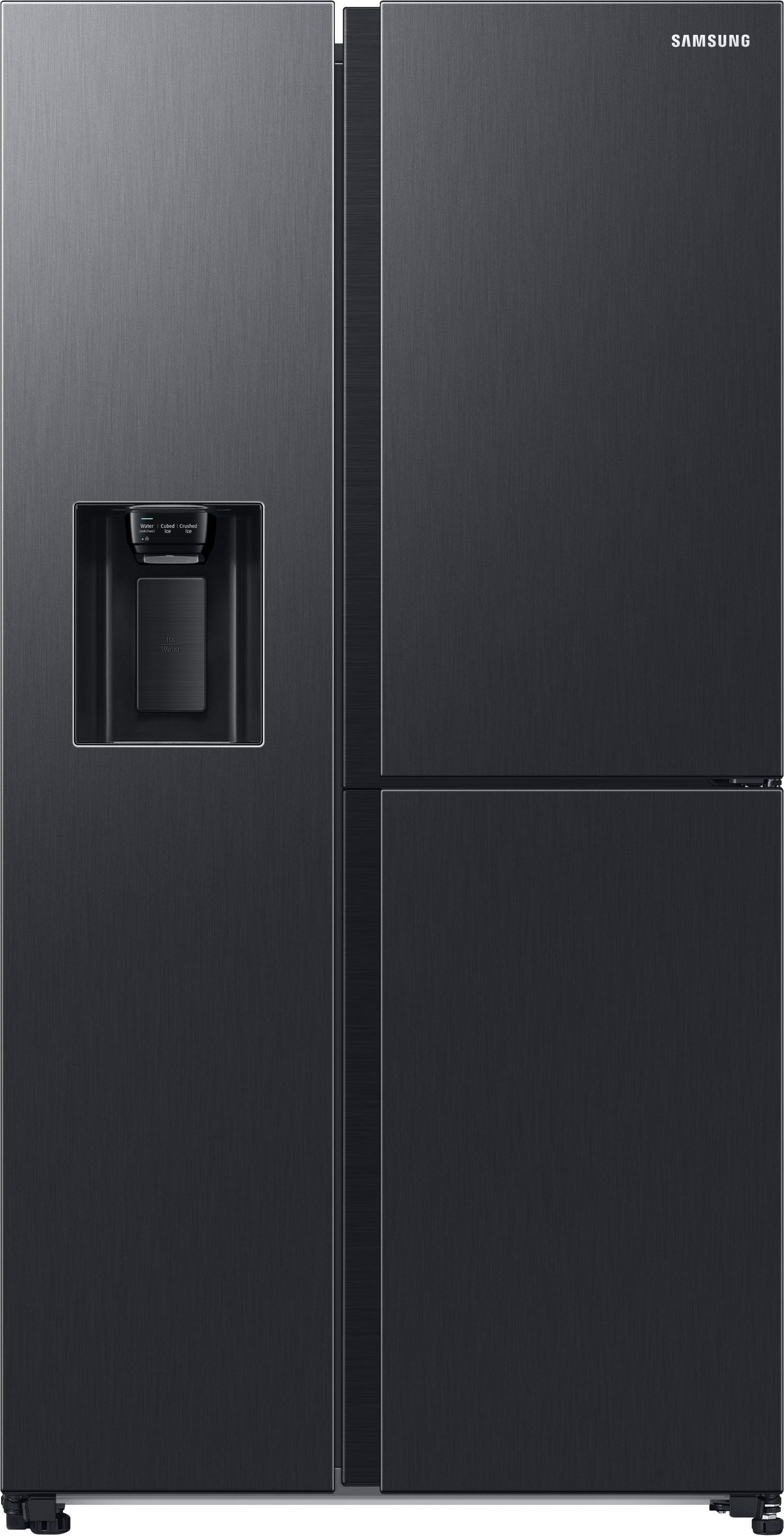 Schwarzer Samsung Kühlschrank mit zwei Türen, Wasserspender.