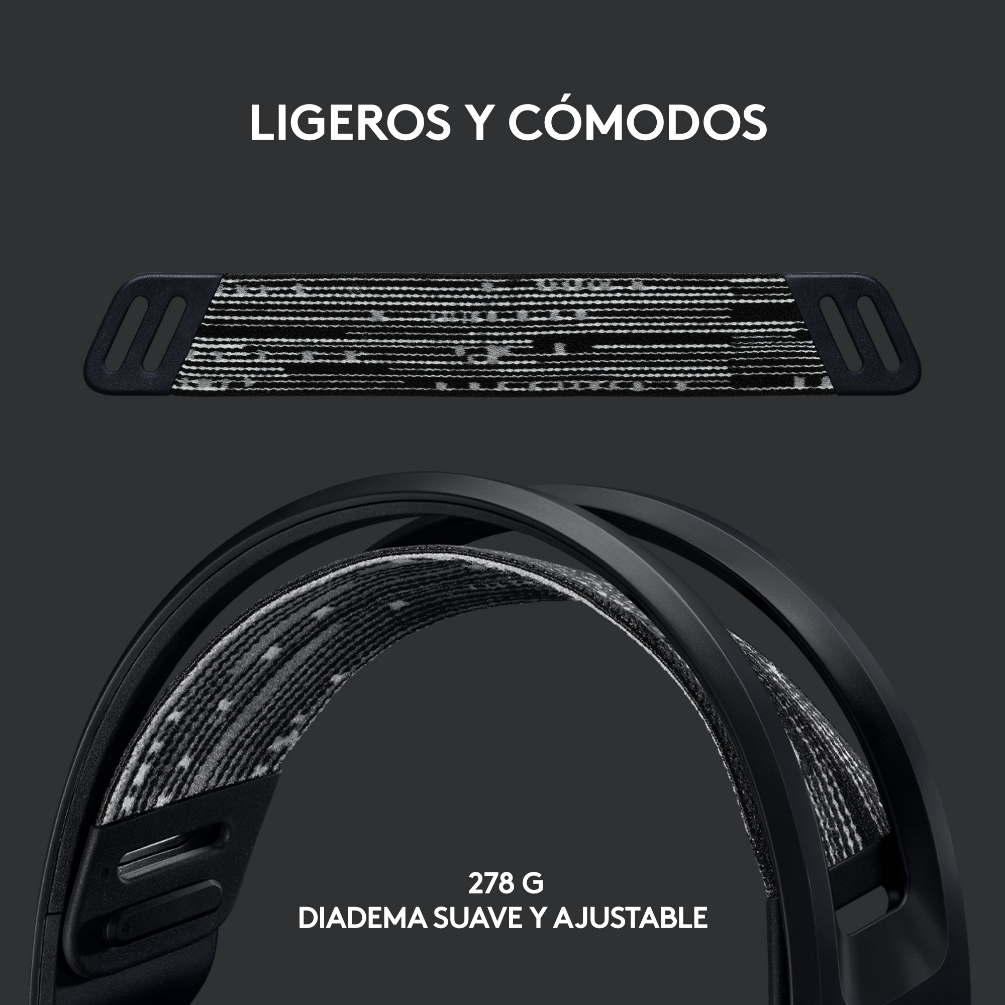 Un auricular negro y gris con las palabras "Ligeros y Cómodos" y una descripción, "278 G DIADEMA SUAVE Y AJUSTABLE".