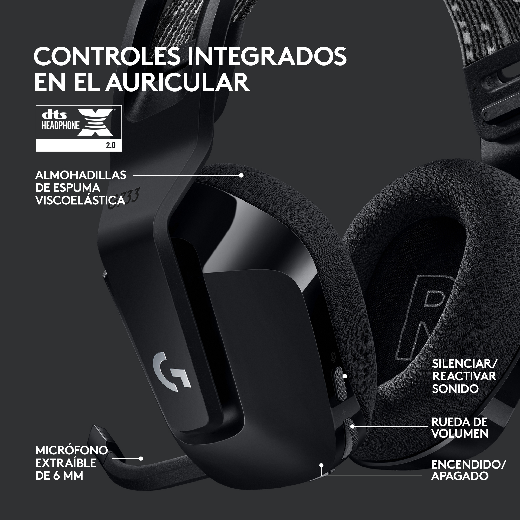 Auriculares gaming negros con controles integrados, micrófono y ajuste de volumen.
