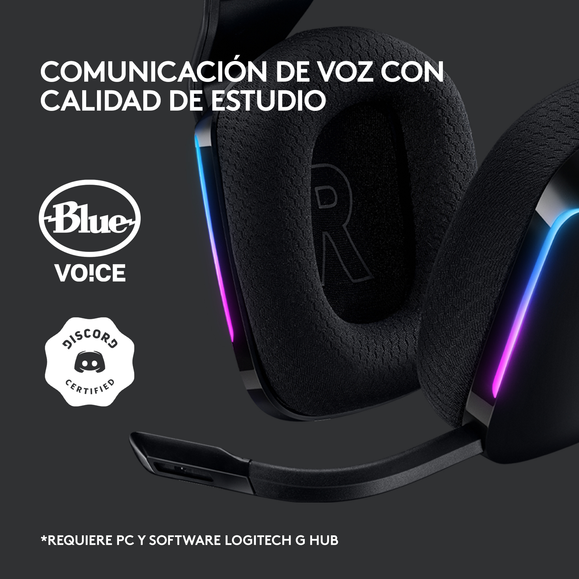 Auriculares negros con luces azules y rosas, incluye un micrófono y un logo certificado por Discord.