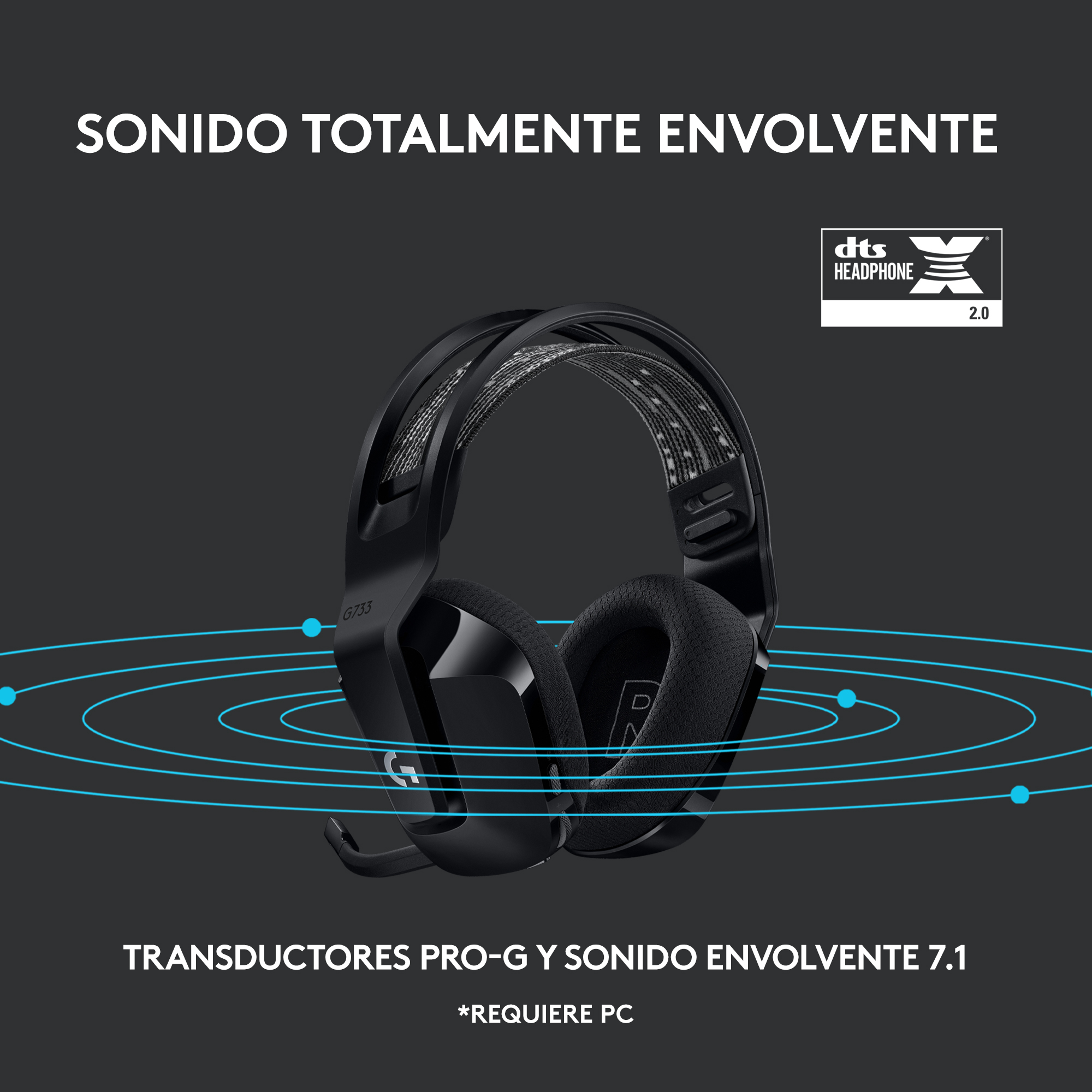 Auriculares gaming negros con detalles plateados. Texto: 'Sonido Totalmente Envolvente'. Gráficos de ondas sonoras azules.