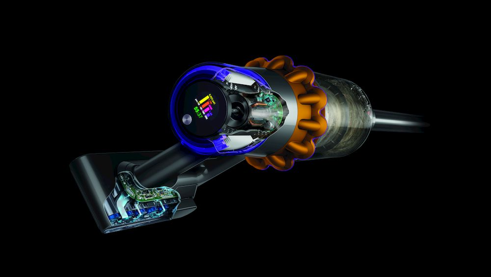 Dyson stofzuiger met dwarsdoorsnede, interne componenten tonend, tegen zwarte achtergrond.