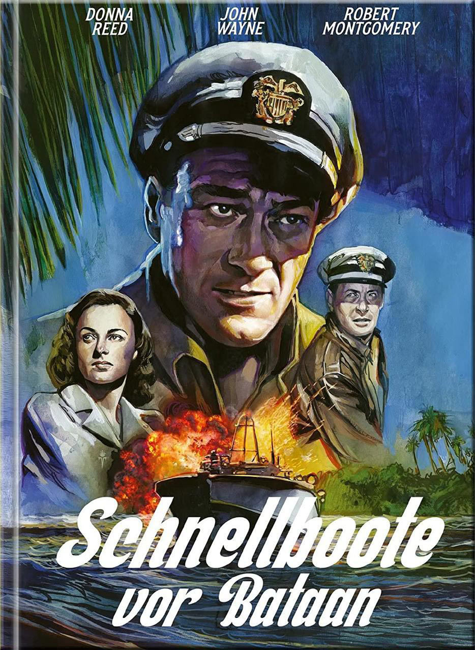 Filmposter, Schnellboote vor Bataan, mit Porträts von drei Personen und einem Kriegsschiff.