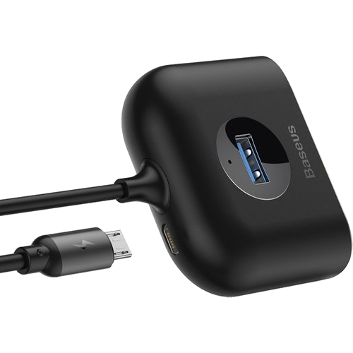 Siyah bir USB hub, beyaz bir arka plan üzerinde bağlı bir mikro USB kablosuyla.