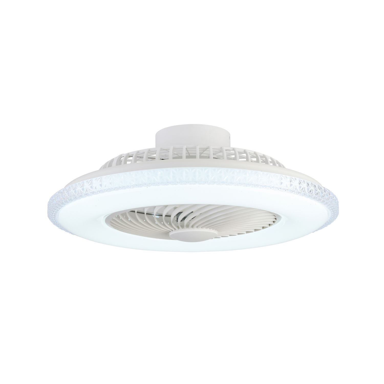 Ventilador de techo y lámpara blancos, diseño moderno.