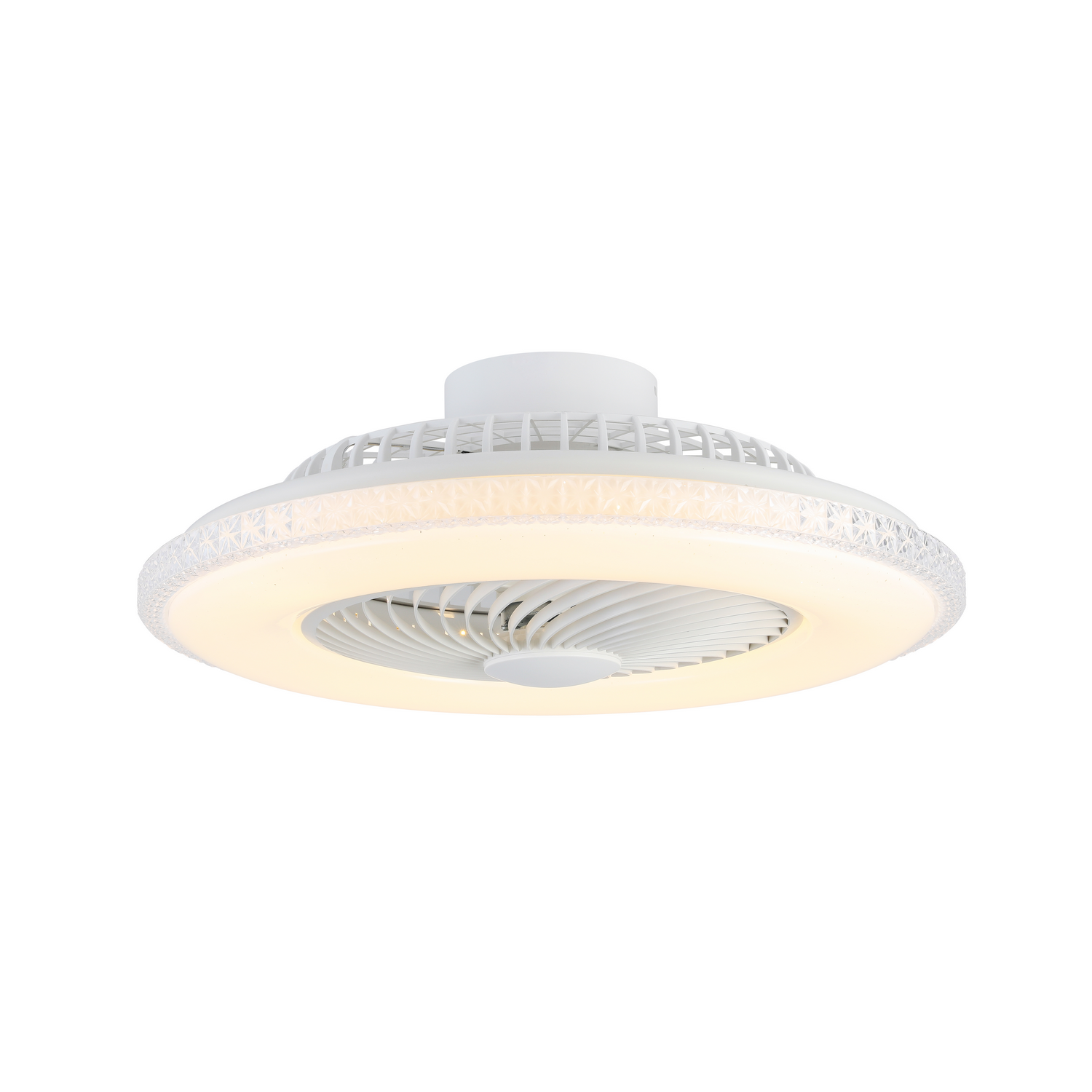 Ventilador de techo blanco con luz LED integrada y molduras decorativas.