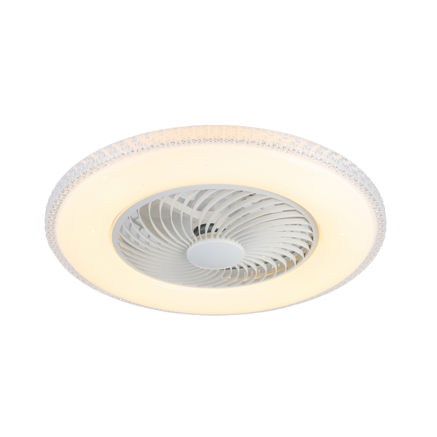 Un ventilador de techo blanco con luz circular. El ventilador tiene aspas blancas y un anillo de luz texturizado.