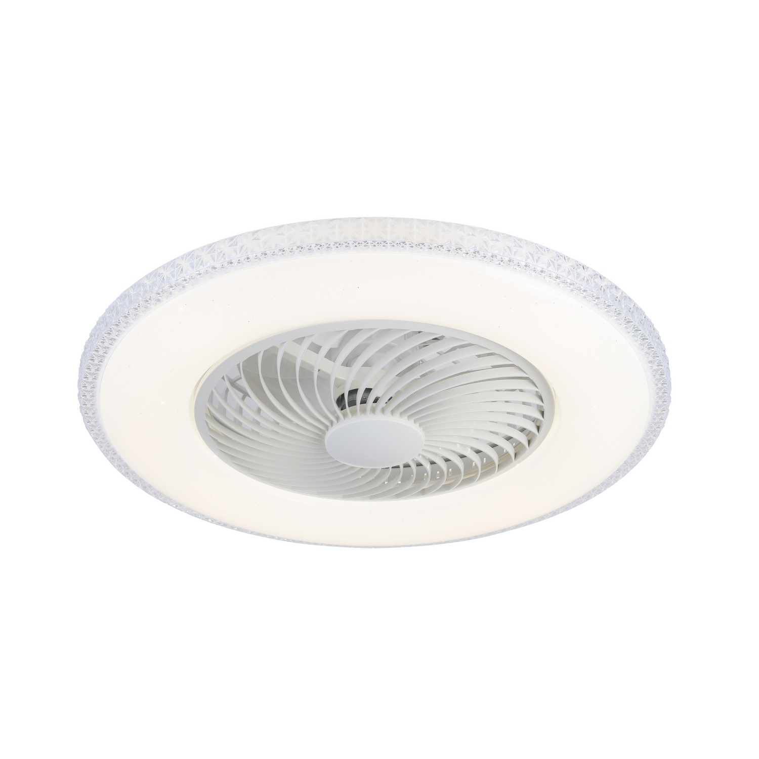 Ventilador de techo con marco circular blanco y luz. El ventilador es blanco con aspas curvas.
