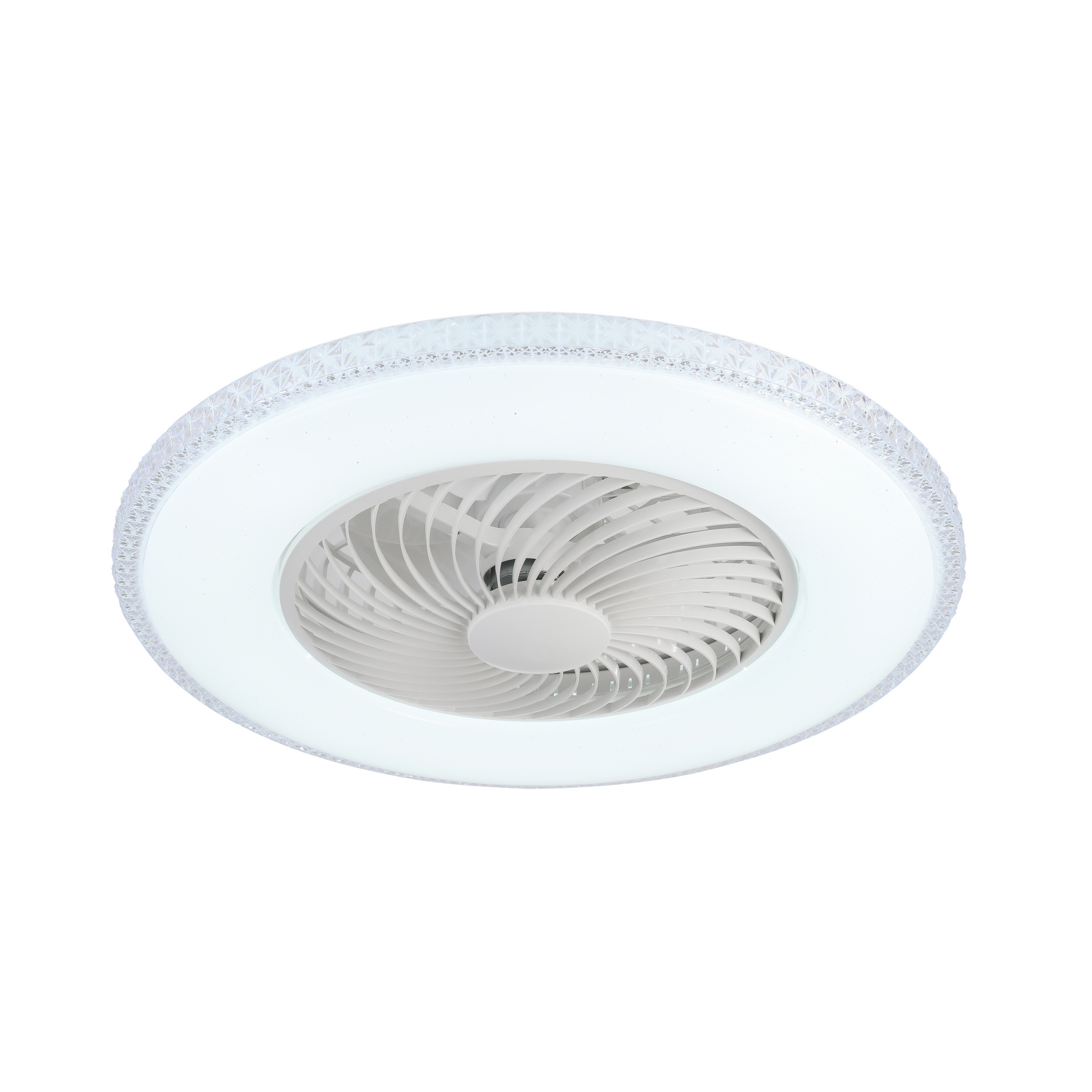 Ventilador de techo blanco con luces LED. Las aspas del ventilador son visibles en el centro.