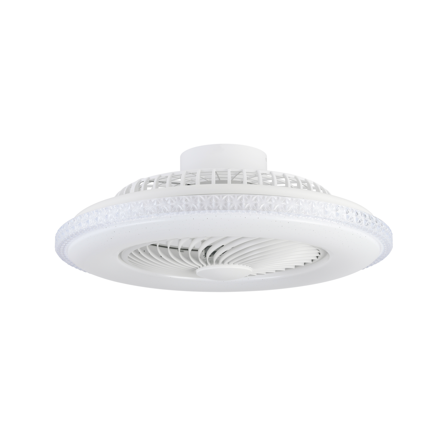 Un ventilador de techo blanco con un anillo de luz decorativo en el borde. Las aspas son visibles.