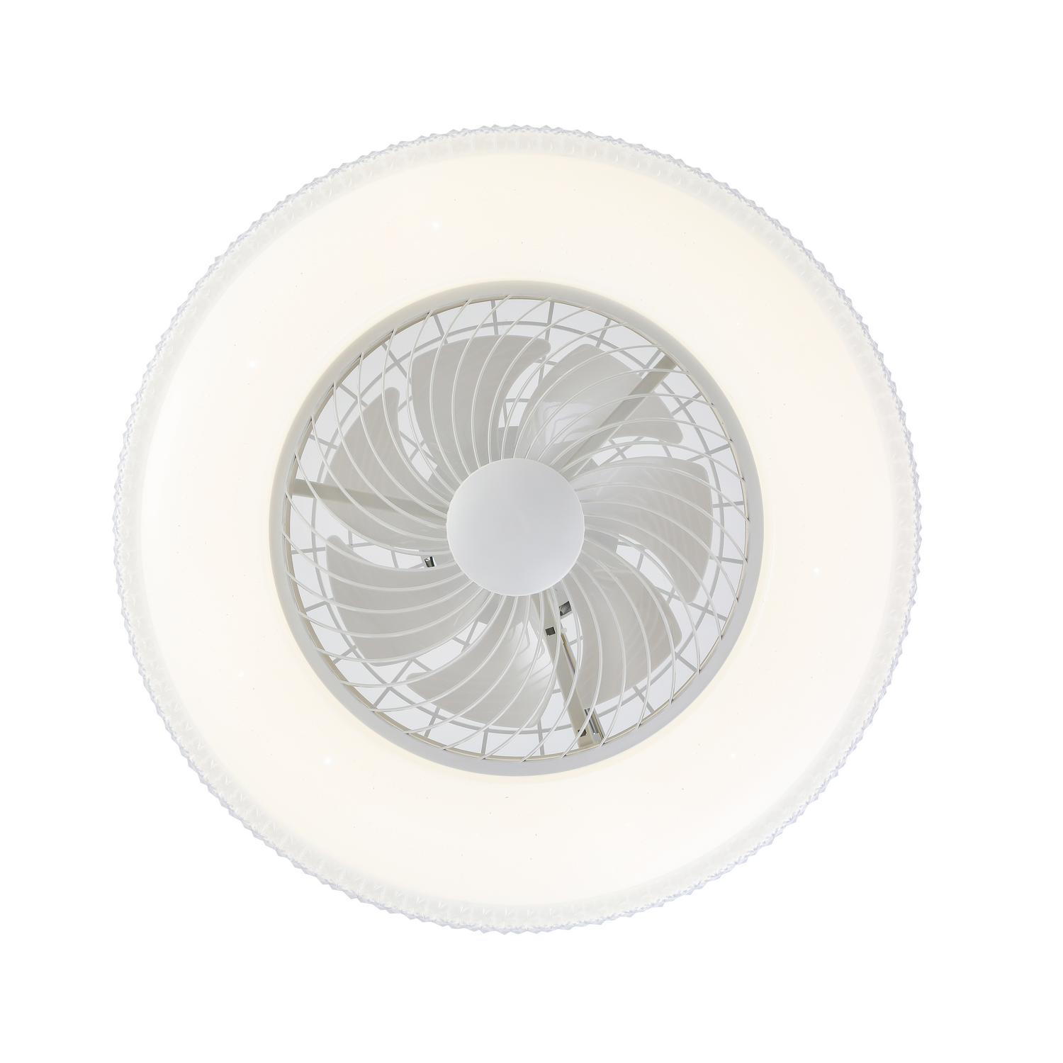 Ventilador de techo blanco con luz. Diseño circular, aspas blancas y un anillo de luz.