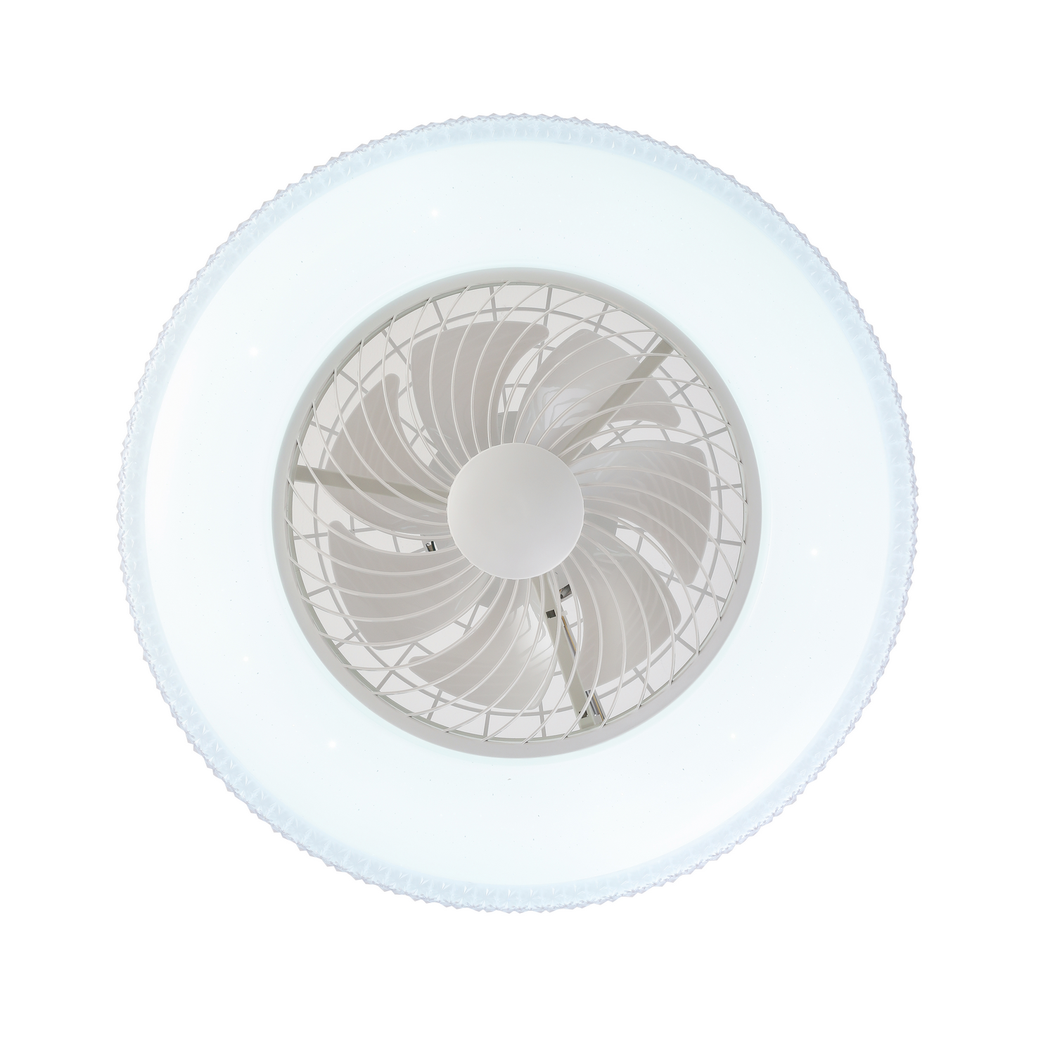 Ventilador de techo con marco y aspas blancas, visto desde abajo.