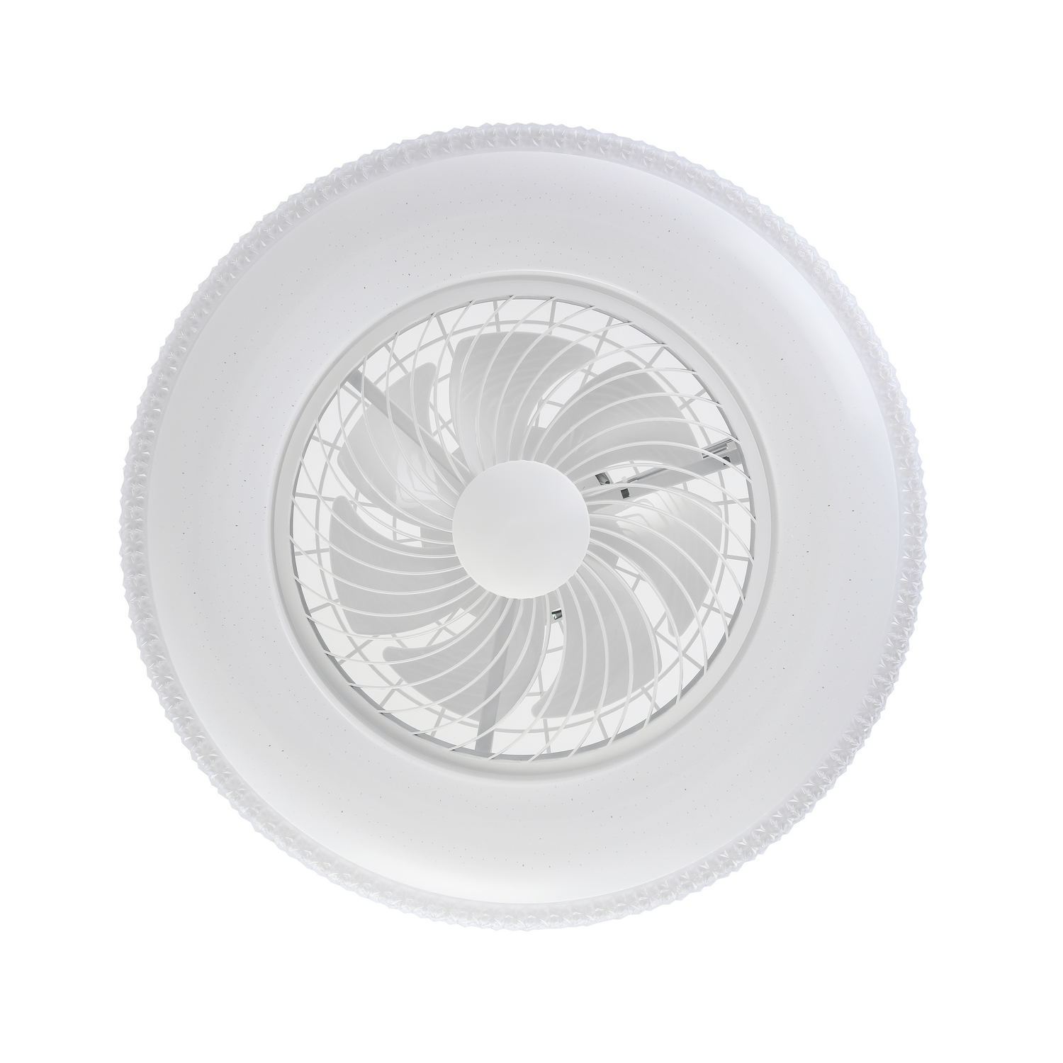 Ventilador de techo blanco con luz integrada. Diseño circular, aspas visibles, fondo blanco.